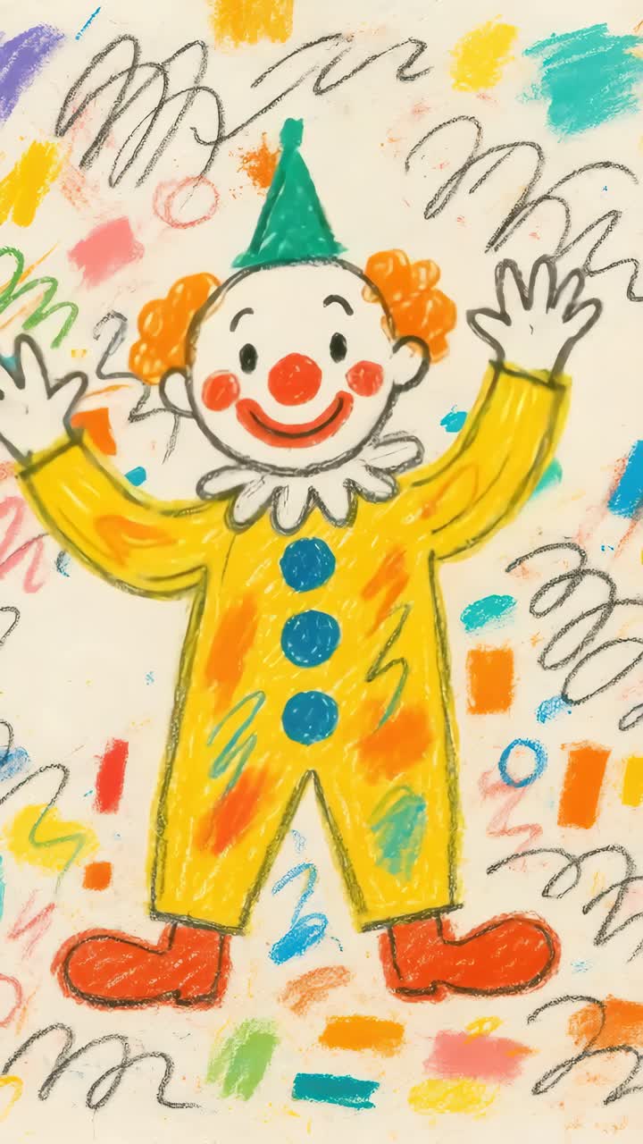 Desenho divertido de giz de cera de um palhaço alegre com uma roupa colorida. O ângulo superior adiciona um toque fantasioso