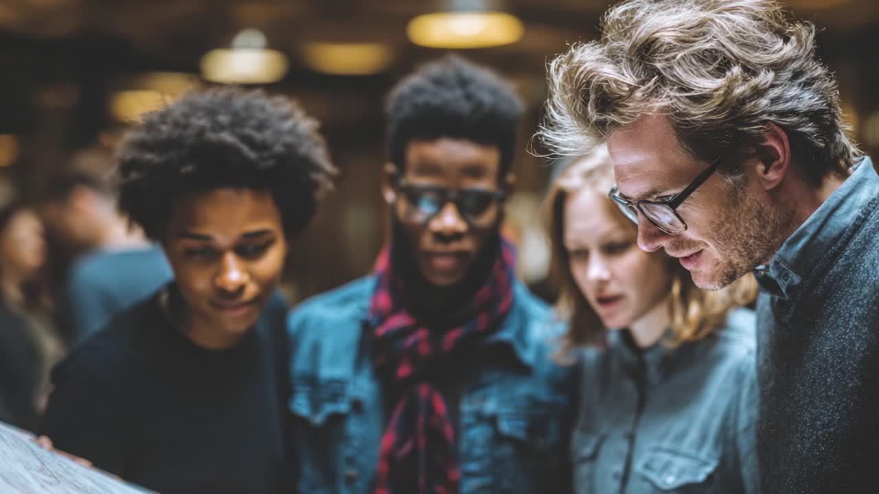 Group of Diverse Individuals Engaged in a Thoughtful Discussion While Analyzing a Document in a Cozy and Collaborative Environment