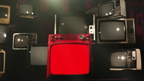 old tv set with red screen and many retro tvs appearing from background. 4k resolution.