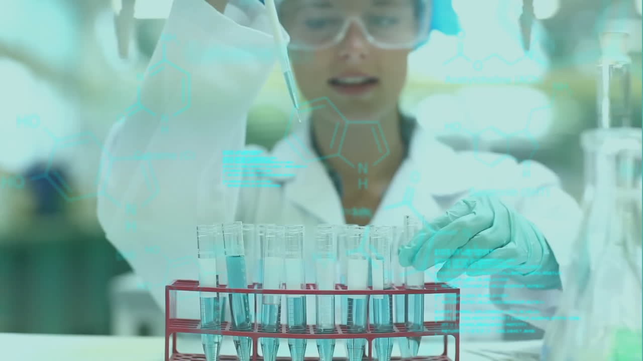 Animation of data processing and chemical formula over biracial female scientist working in lab
