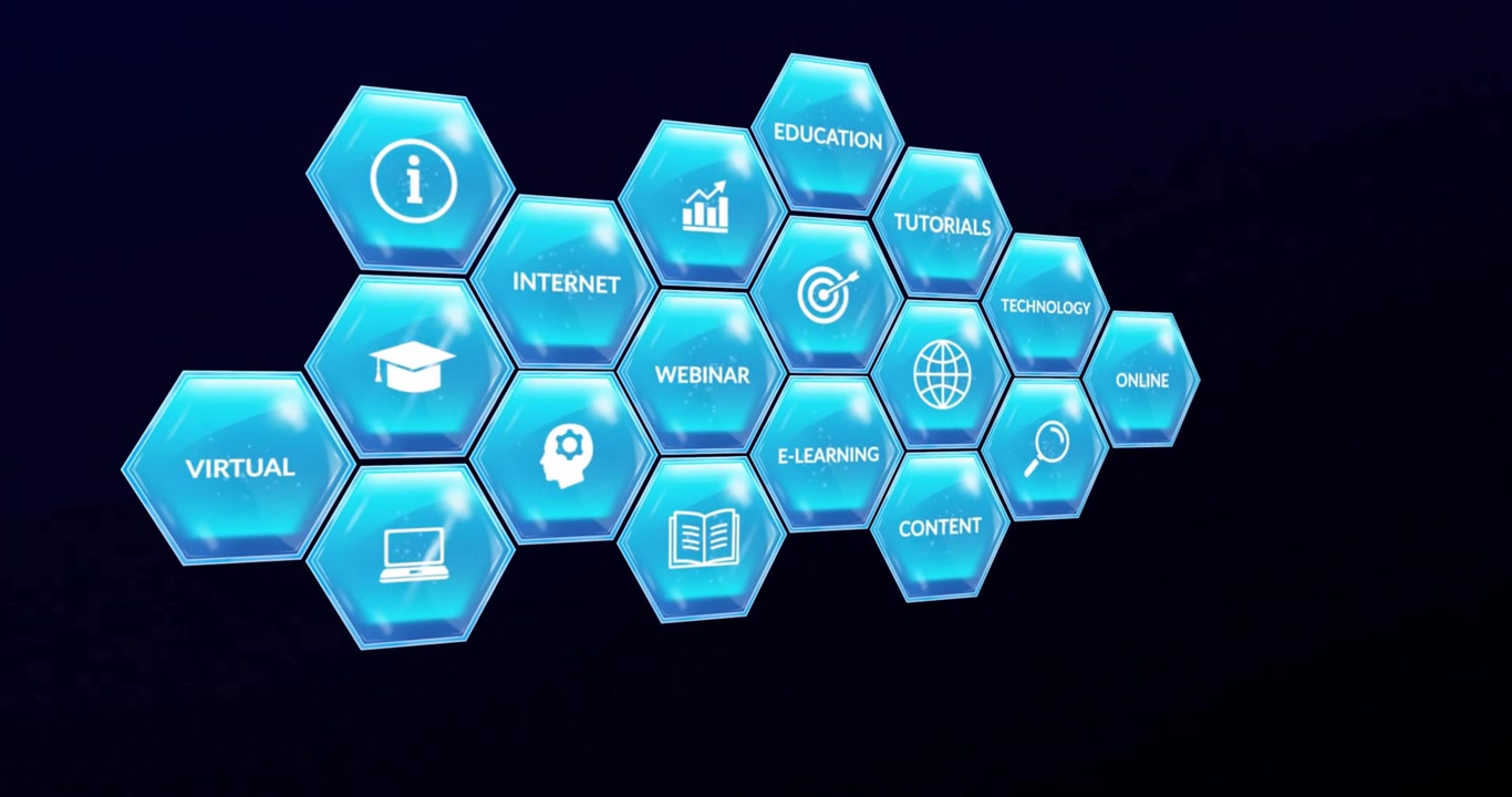 Animation of digital icons and data processing over dark background