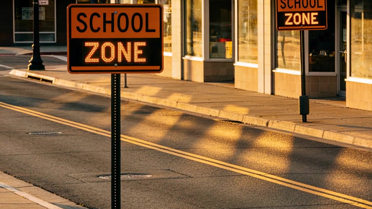 ป้าย LED เขตโรงเรียนสำหรับจักรยาน สลับแสดงคำว่า "ON" และ "ZONE" ริมถนน ขณะที่รถ SUV กำลังแล่นผ่าน เพื่อเตือนผู้ขับขี่