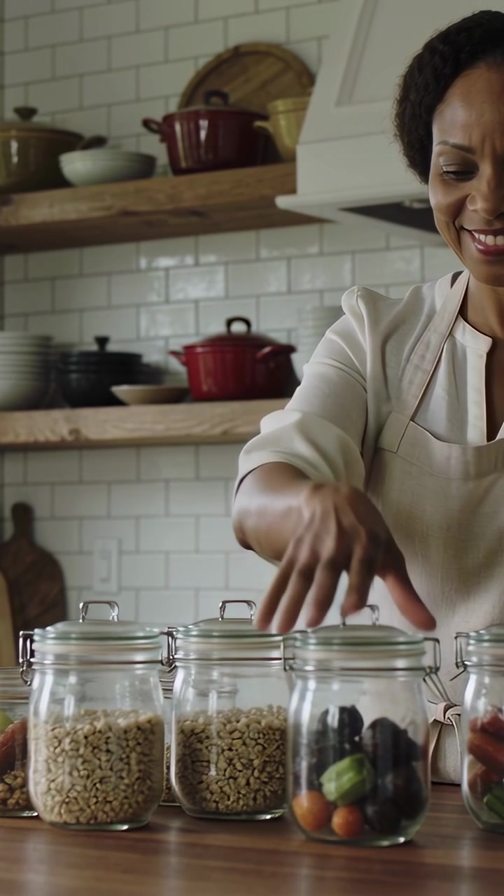 Vertical video: Reaching across glass jars, woman in apron aligning jars to tidy kitchen