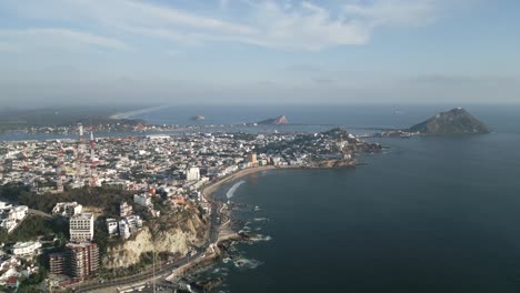 Aerial-Drone-panoramic-landscape-Mazatlan-Mexican-Coastal-city-town-beach-island-pacific-broad-walk-of-Sinaloa,-Magic-Neighborhood-in-Latin-America,-Establishing-Shot