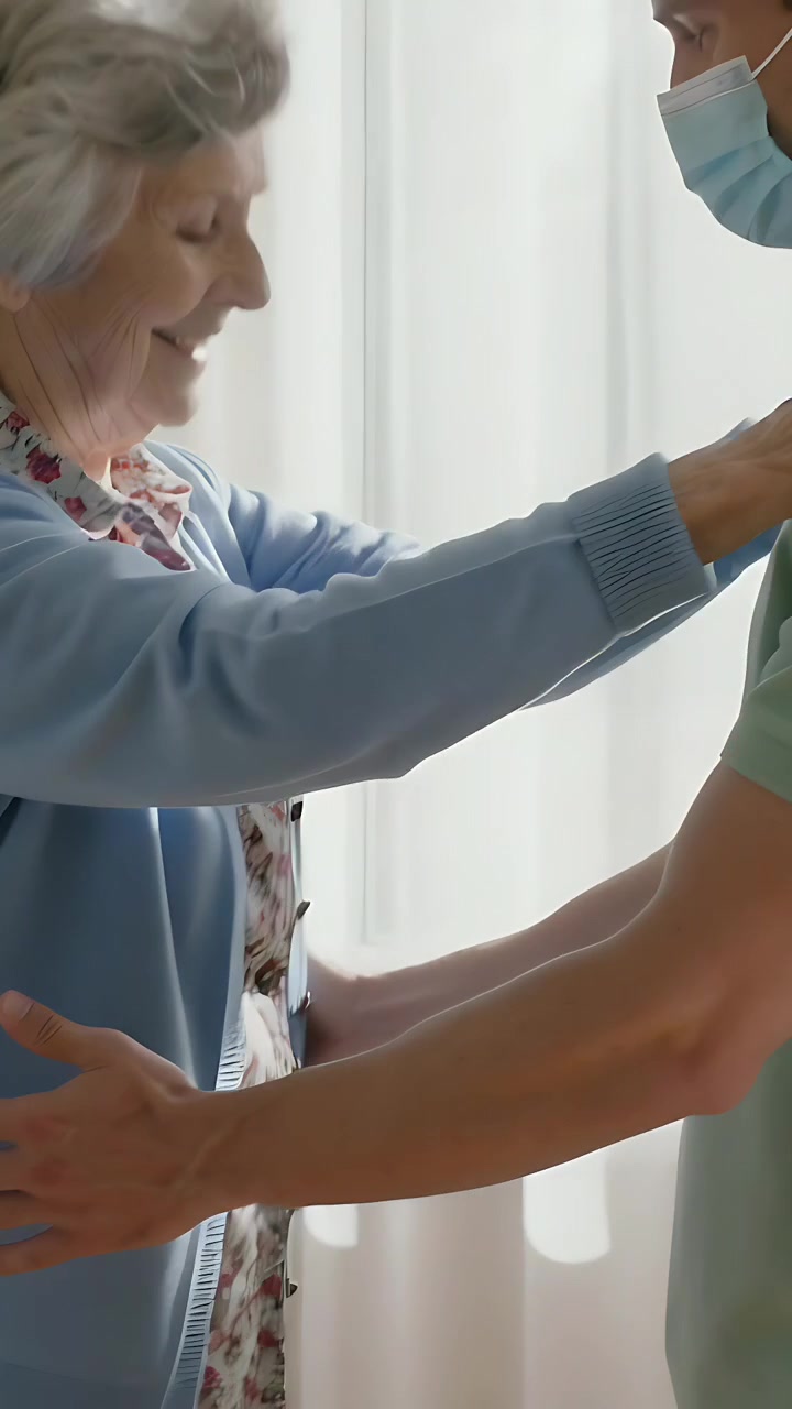 Video vertical: Mujer extendiendo la mano y apoyándose en un cuidador enmascarado para mantener el equilibrio en una sala de cuidados, con cárdigan.