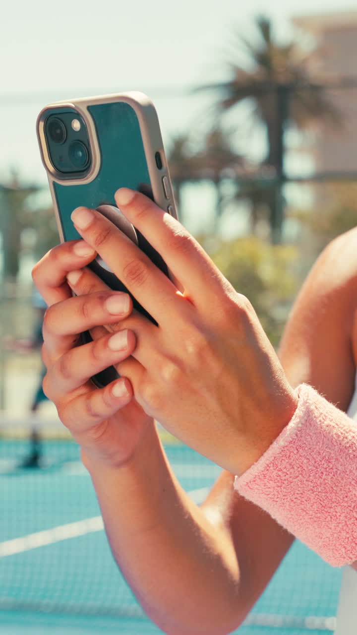 Persona che tiene in mano un telefono su un campo da tennis