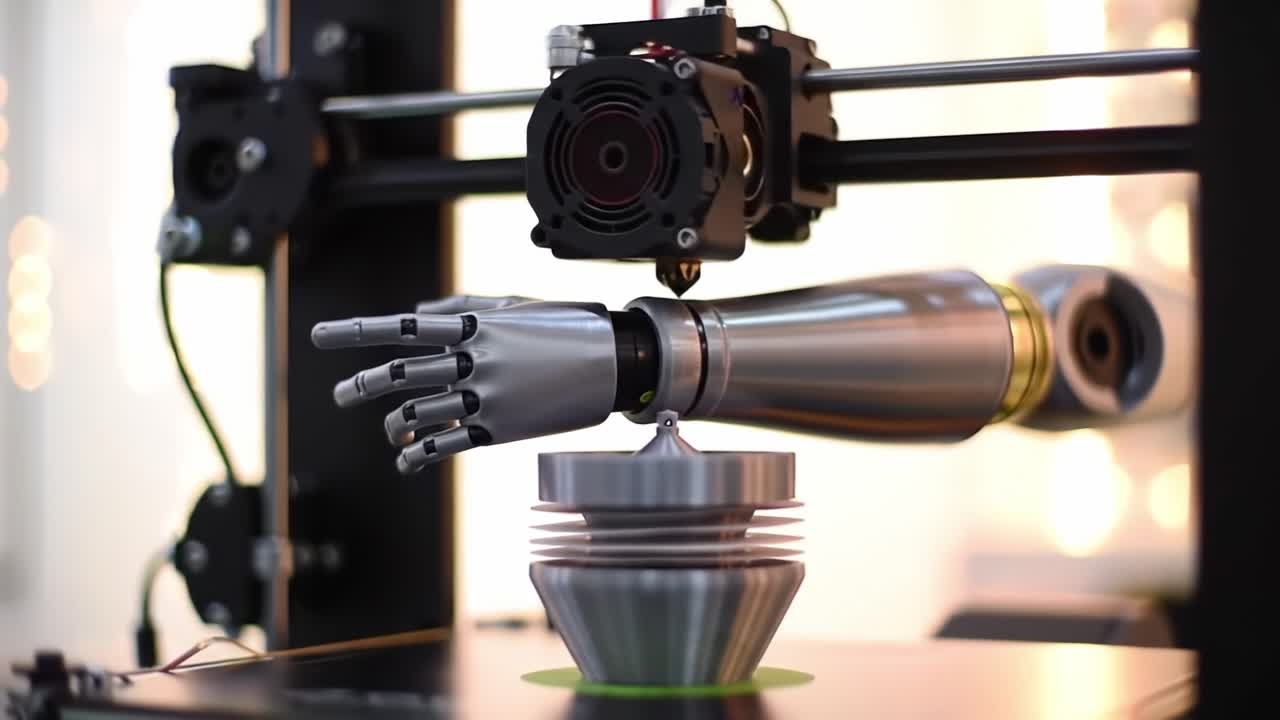 Innovative Robotic Arm in Action: A Close-Up View of Advanced Manufacturing Technology Using 3D Printing Techniques to Create Precision Components