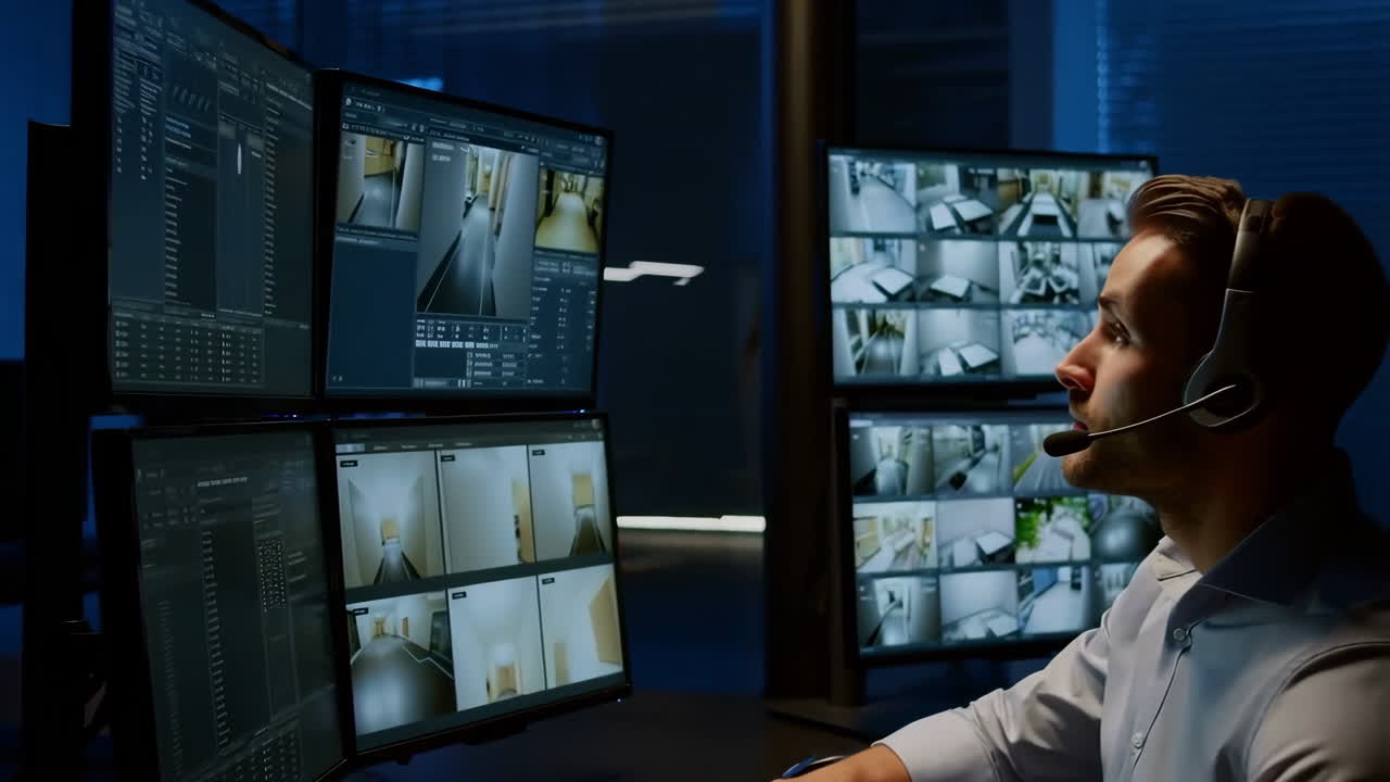 Security Operator Monitoring Surveillance Feeds in Control Room