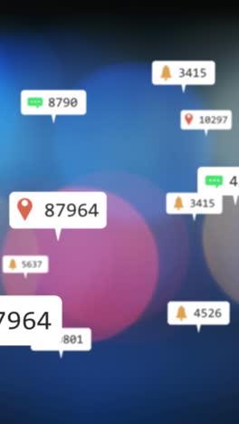 animación de iconos y números de redes sociales sobre luces fuera de foco