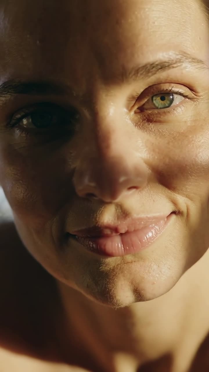 Vertical video: Camera rolling, woman shifting face, eyes shifting, bare shoulders under warm light