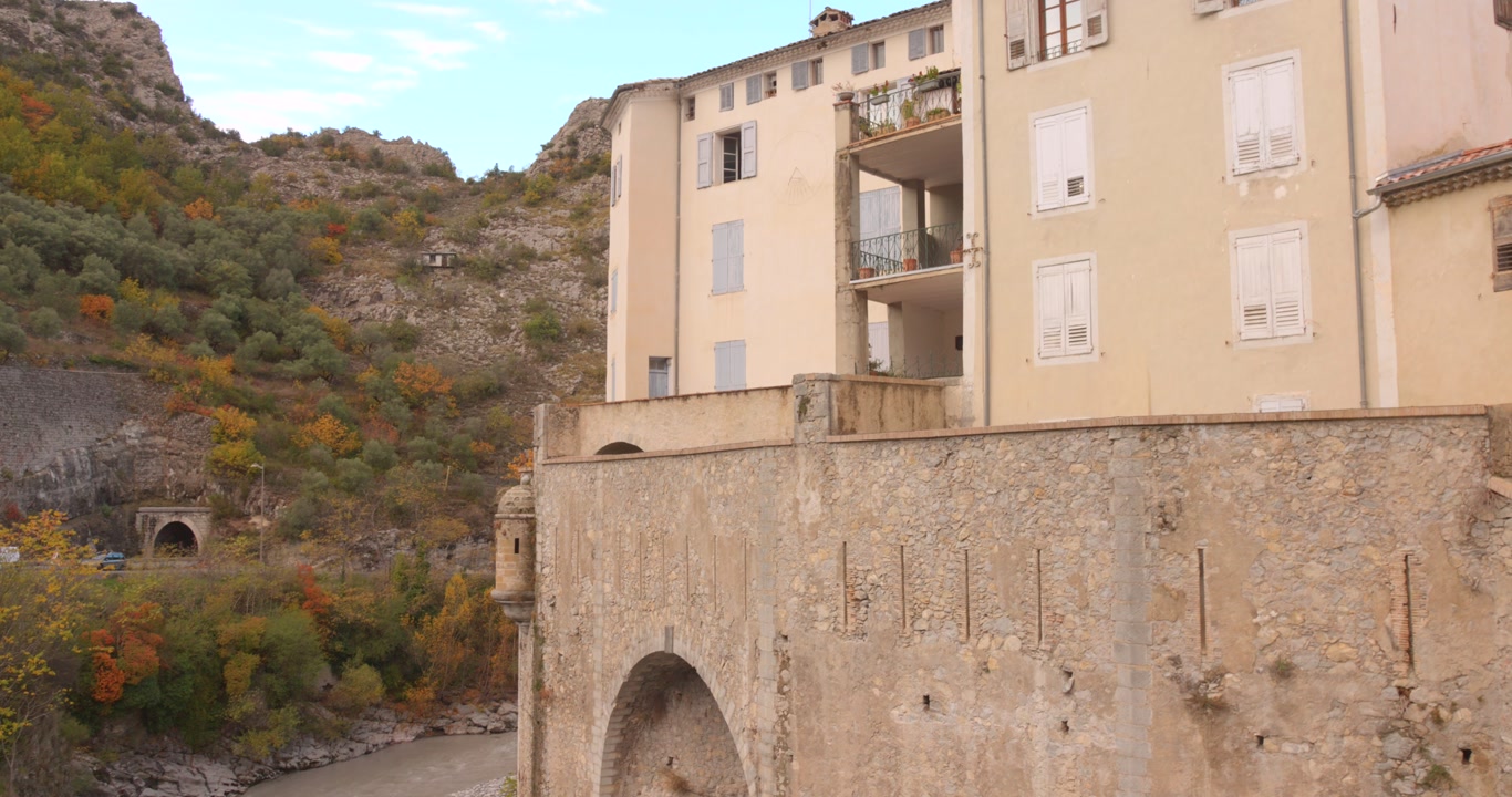 Ancient Architecture On The Medieval Village In Entrevaux, France. Tilt-up Shot