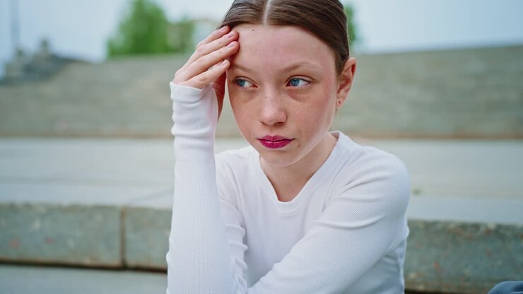 Teenage girl looking sad on stairs