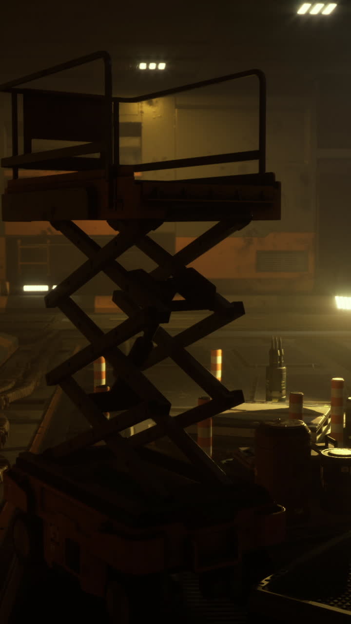 Dimly lit industrial space with equipment and shadows in an unknown location