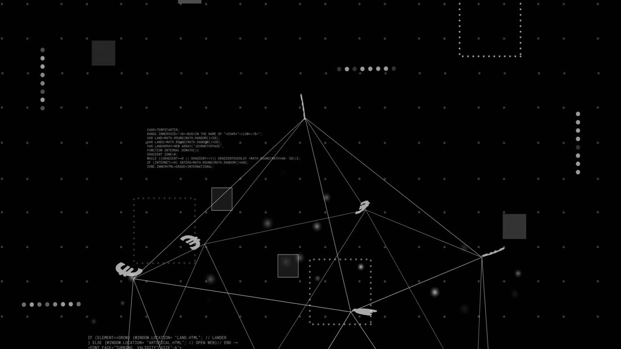 Animation of network with data processing and euro signs over black background