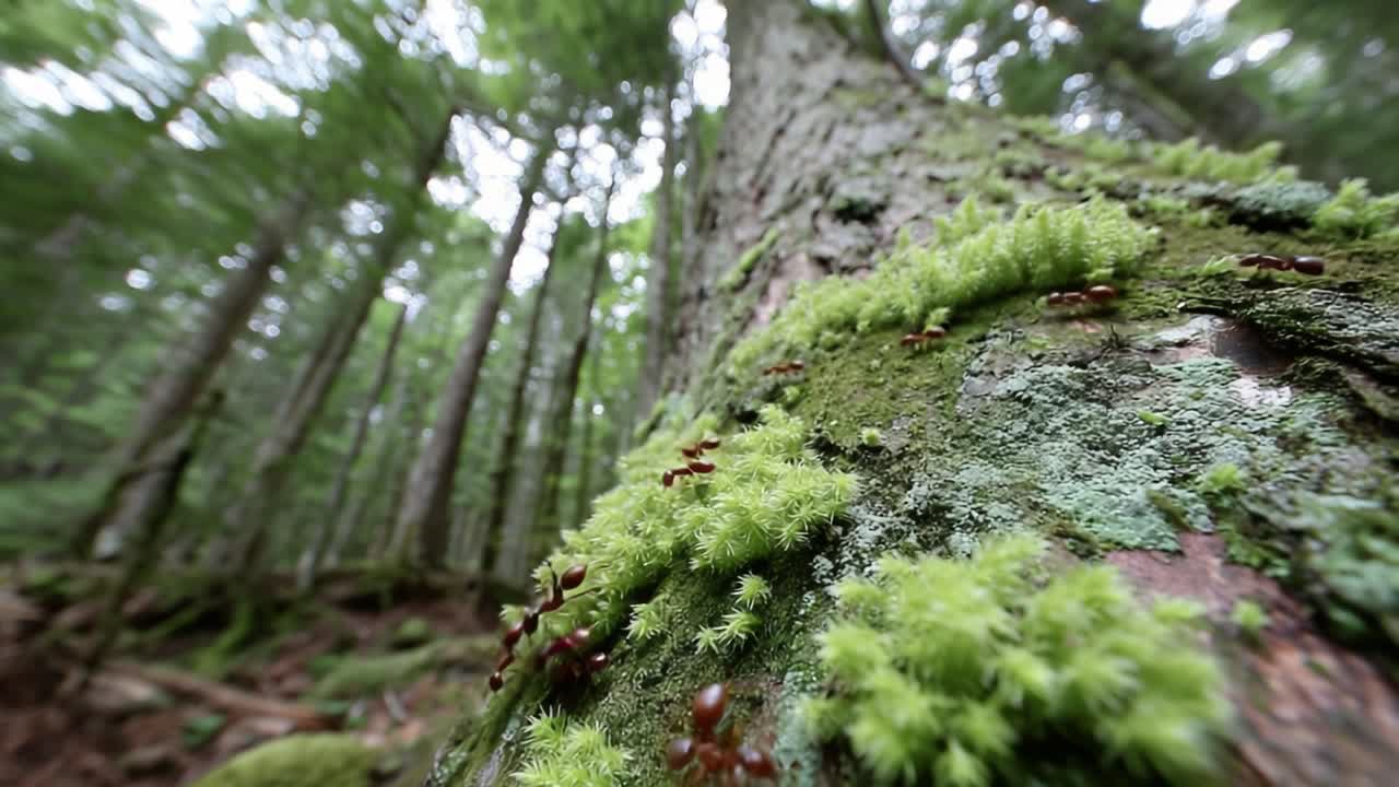 Exploring the Intricate Ecosystem of a Mossy Tree: A Close-Up View of Ants and Lush Greenery in a Forest Setting