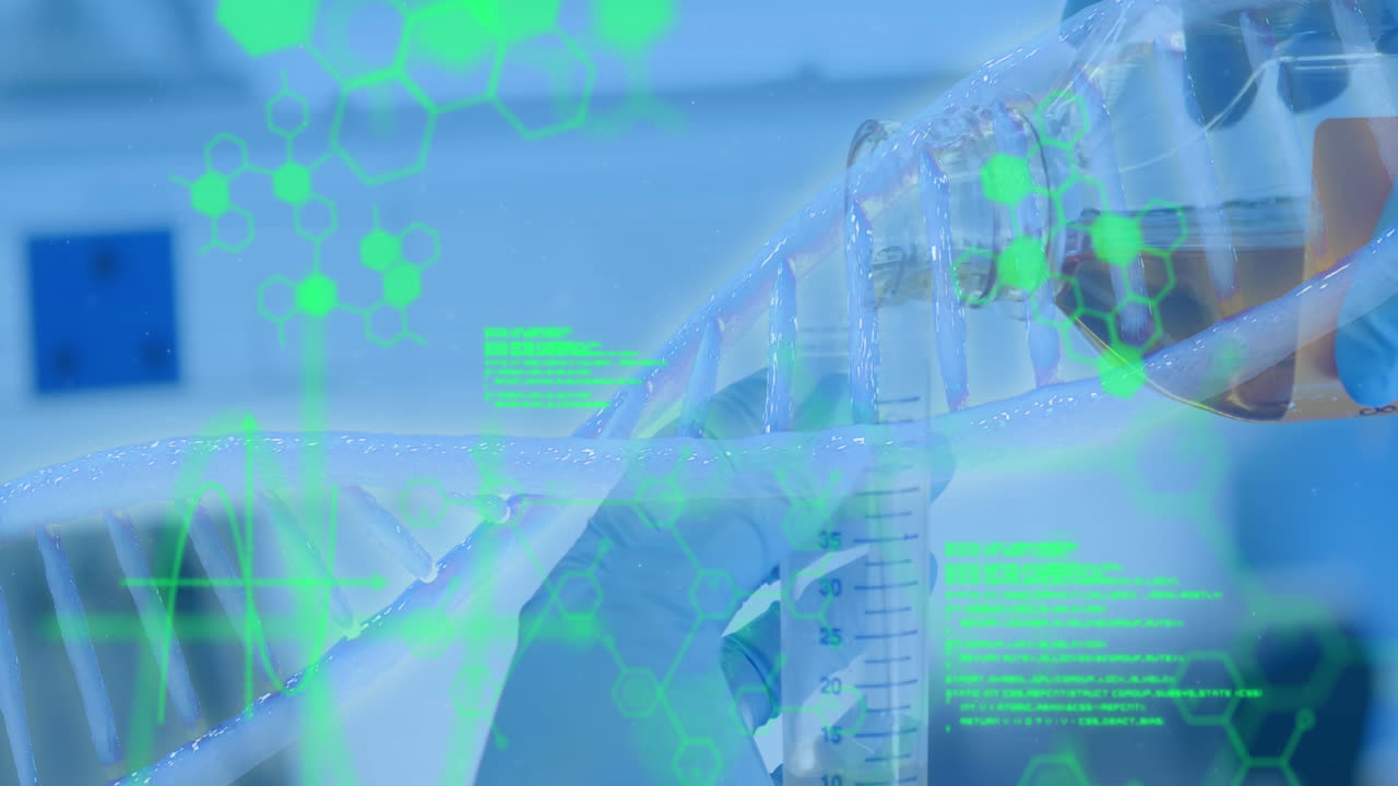 animación del procesamiento de datos científicos sobre el hilado de cadenas de adn