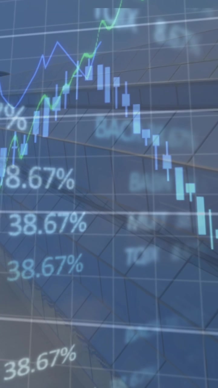 Animazione di dati finanziari e grafici su un paesaggio urbano