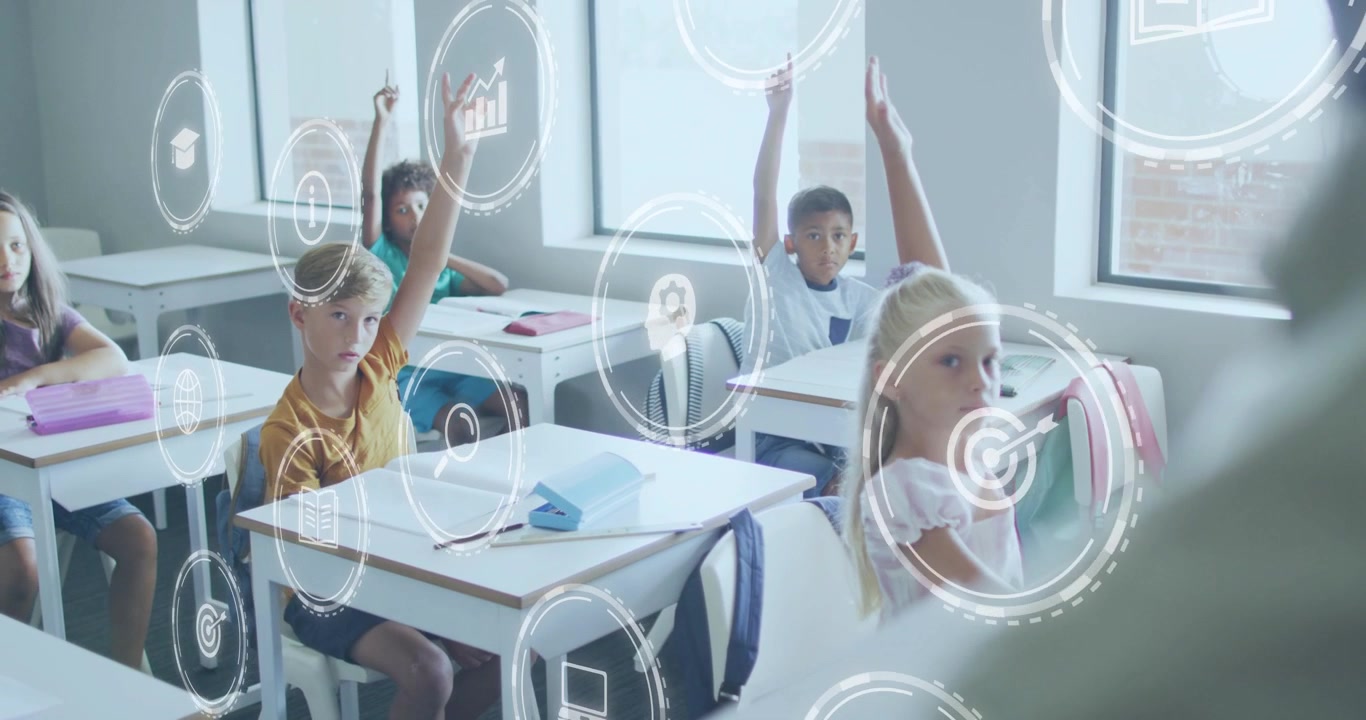 Students raising hands after teacher prompt in classroom, animated education icons filling frame