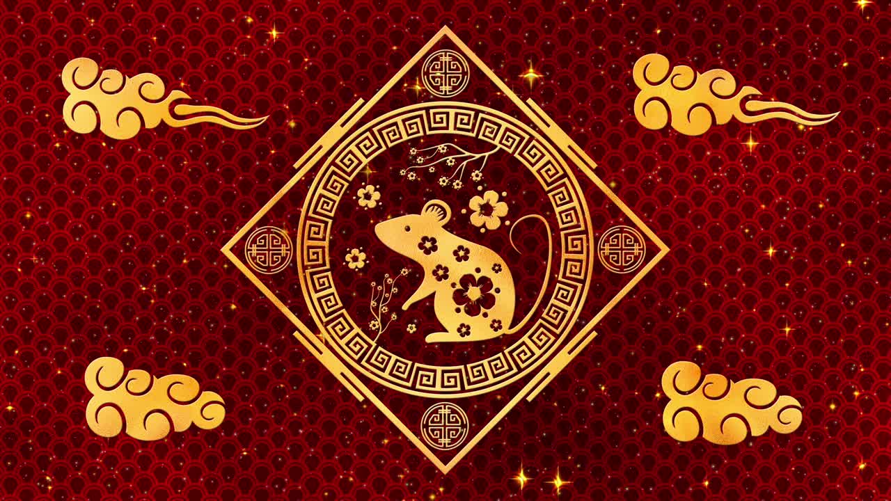 año nuevo lunar, fondo del festival de primavera con rata dorada, patrón de seda roja. año nuevo chino telón de fondo de papel rojo para el evento de vacaciones. animación de renderización 3d. bucle sin costuras 4k