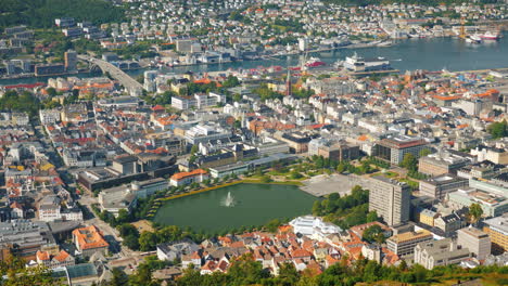 A-View-Of-The-City-Of-Bergen-Below-Are-The-Marinas-And-Large-Cruise-Ships-4k-Video