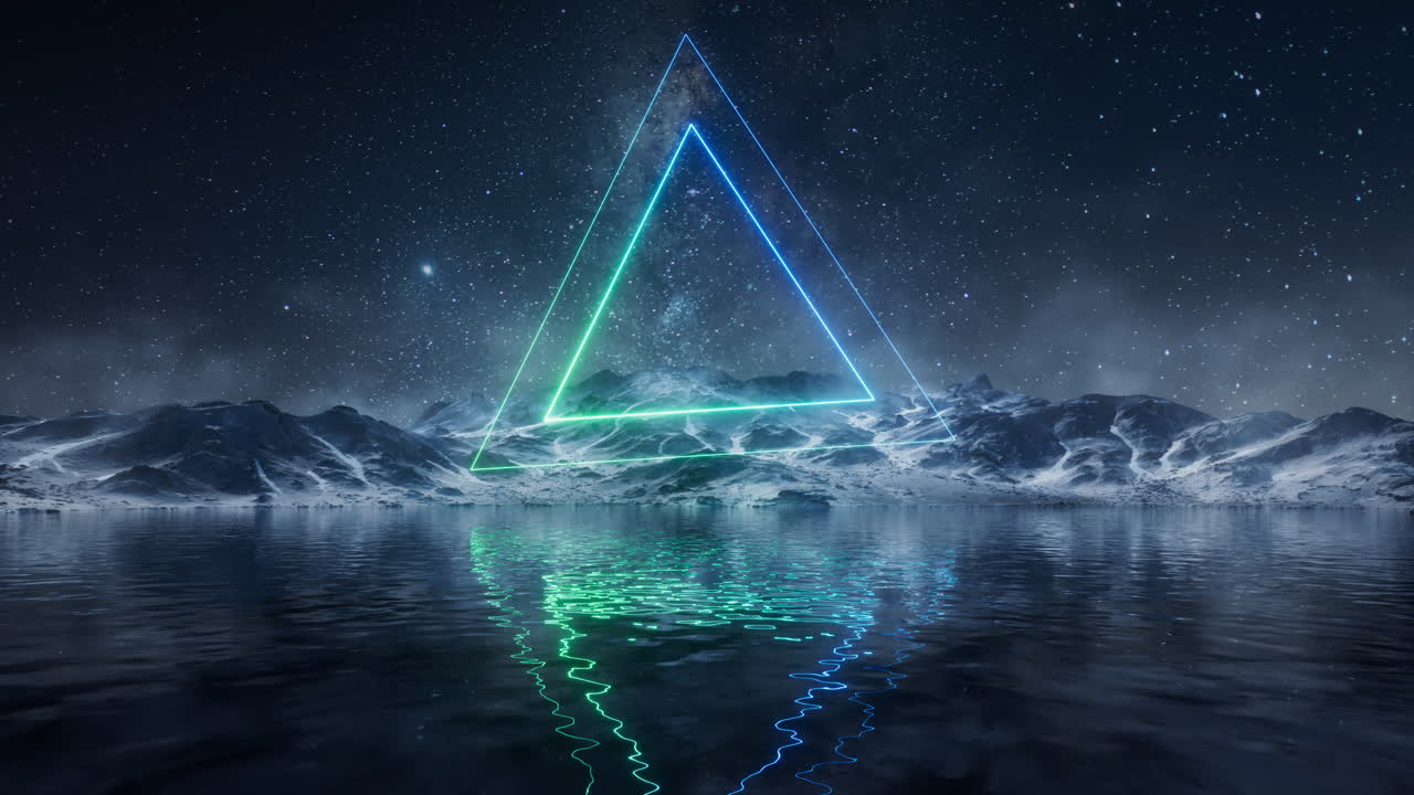 Glowing neon lines on the lake at night, 3d rendering.