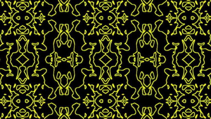 Sfondo astratto con motivo geometrico giallo senza soluzione di continuità. Loop di caleidoscopio a strisce astratte. Sfondo VJ caleidoscopico colorato psichedelico veloce. Sfondo animato astratto da discoteca. Effetto caleidoscopio