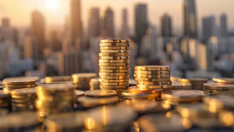 golden coins stacked against city skyline at sunset