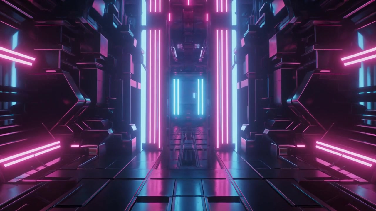 Pasillo futurista de ciencia ficción con luces de neón rosas y azules brillantes