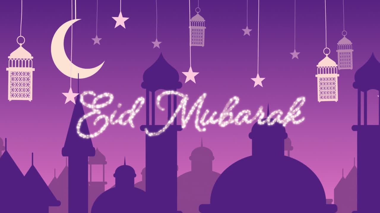 brillante eid mubarak saludando con mezquitas y linternas con luna y estrellas