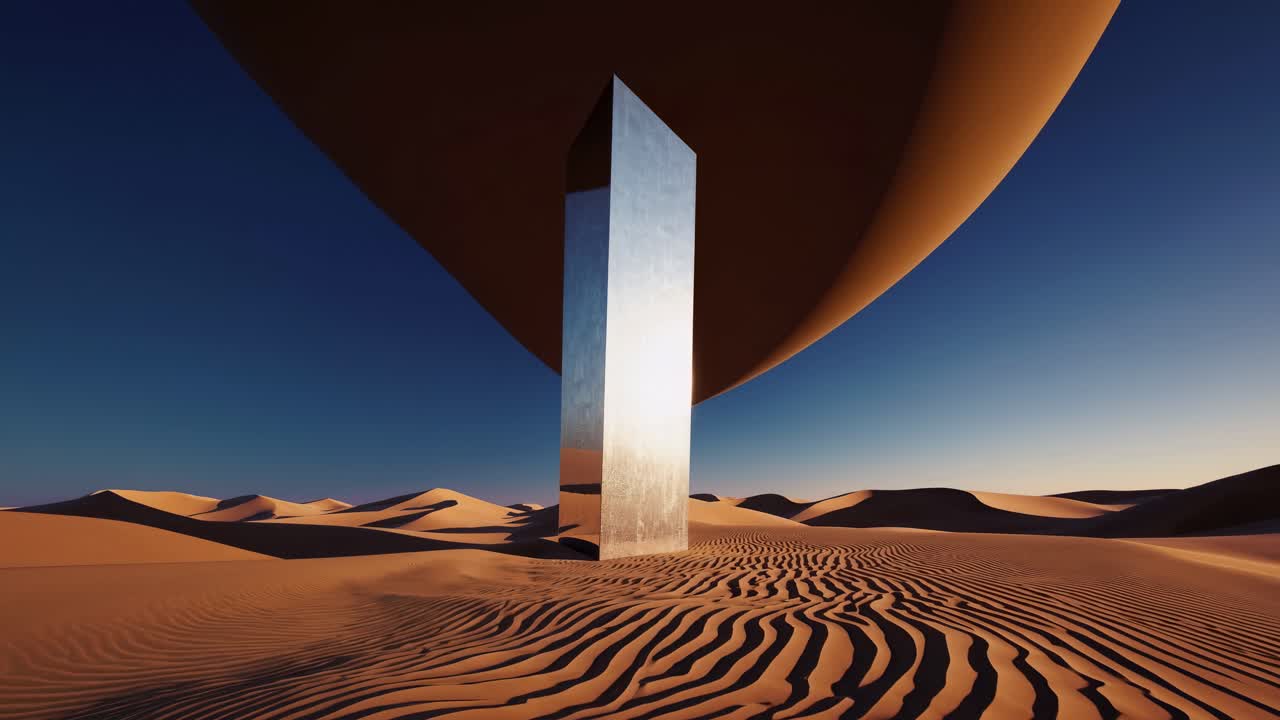 Concept video futuristico con vista dal basso di un monolite riflettente in un deserto