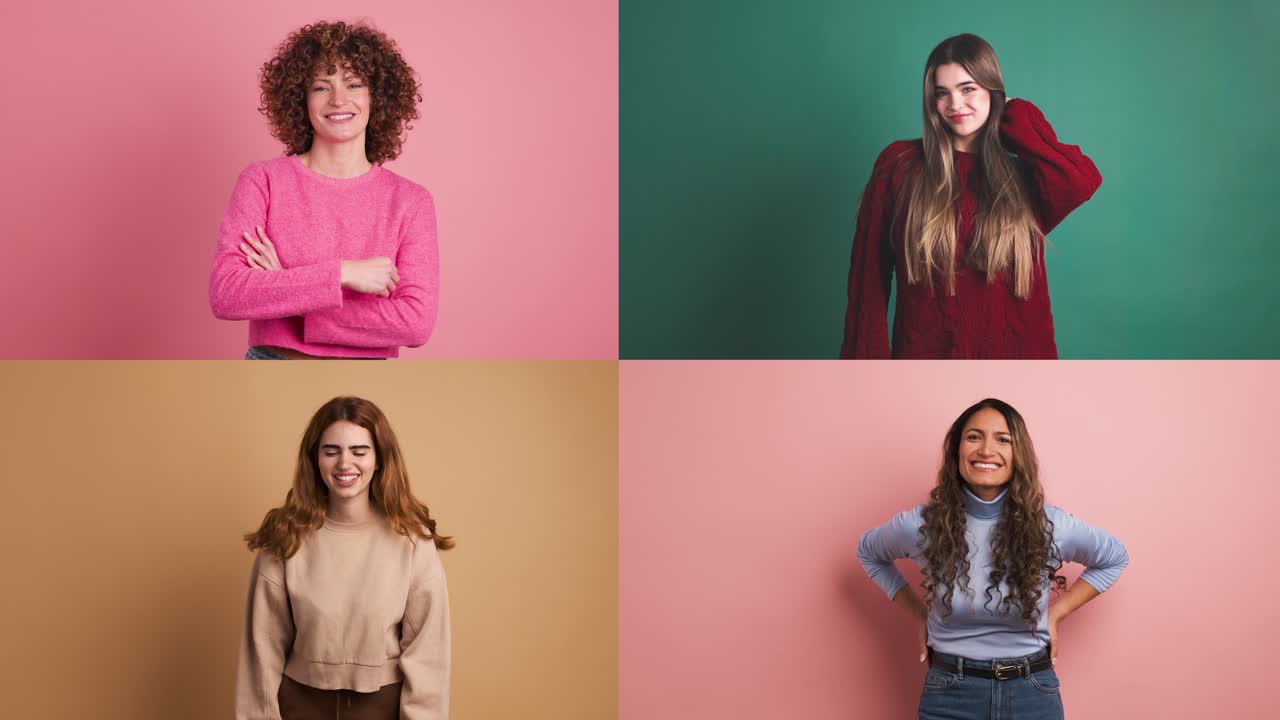 Multiple Screen Montage: Cheerful young diverse women on colorful background in studio