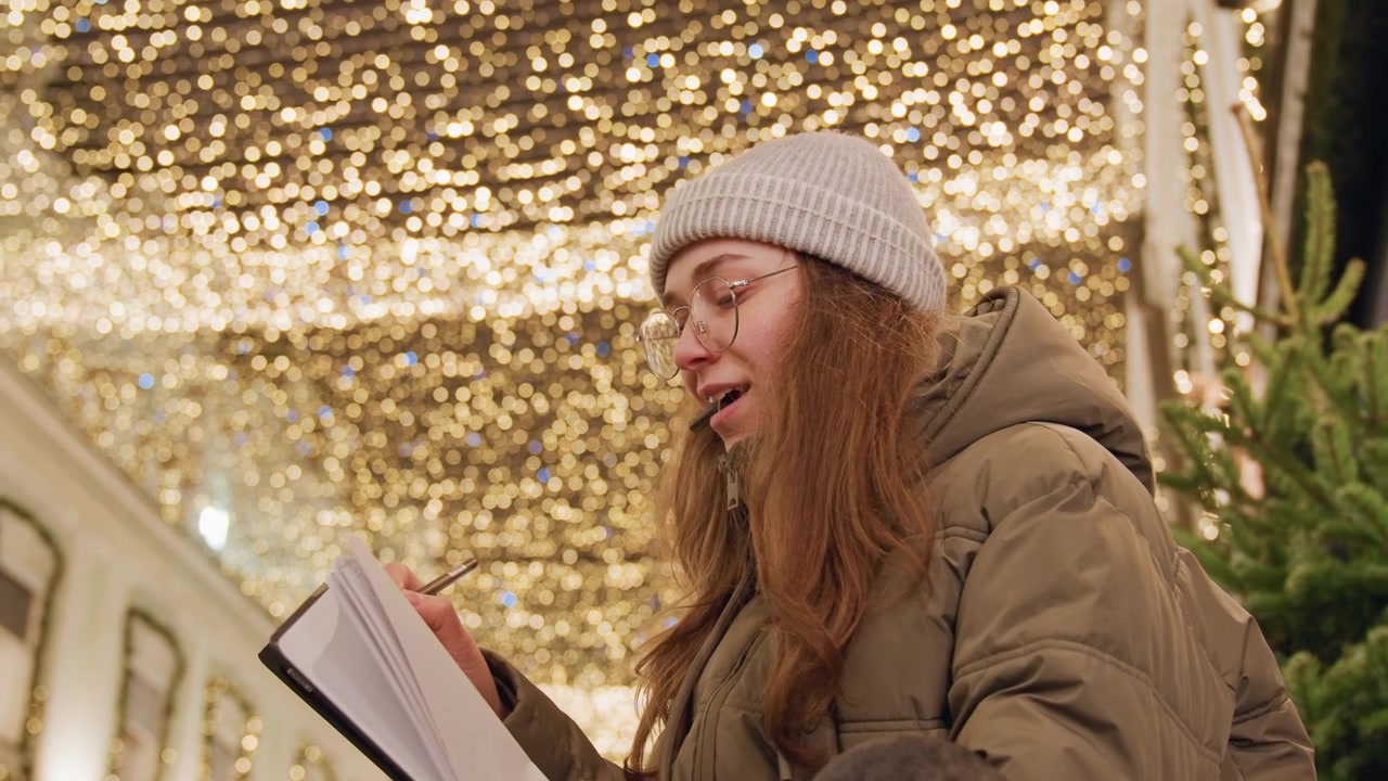 Donna bianca che legge un quaderno sotto le luci, con berretto e piumino, bokeh dorato e albero di Natale sullo sfondo, scena intima di un mercatino notturno che mostra recitazione e narrazione con un'atmosfera calda e accogliente