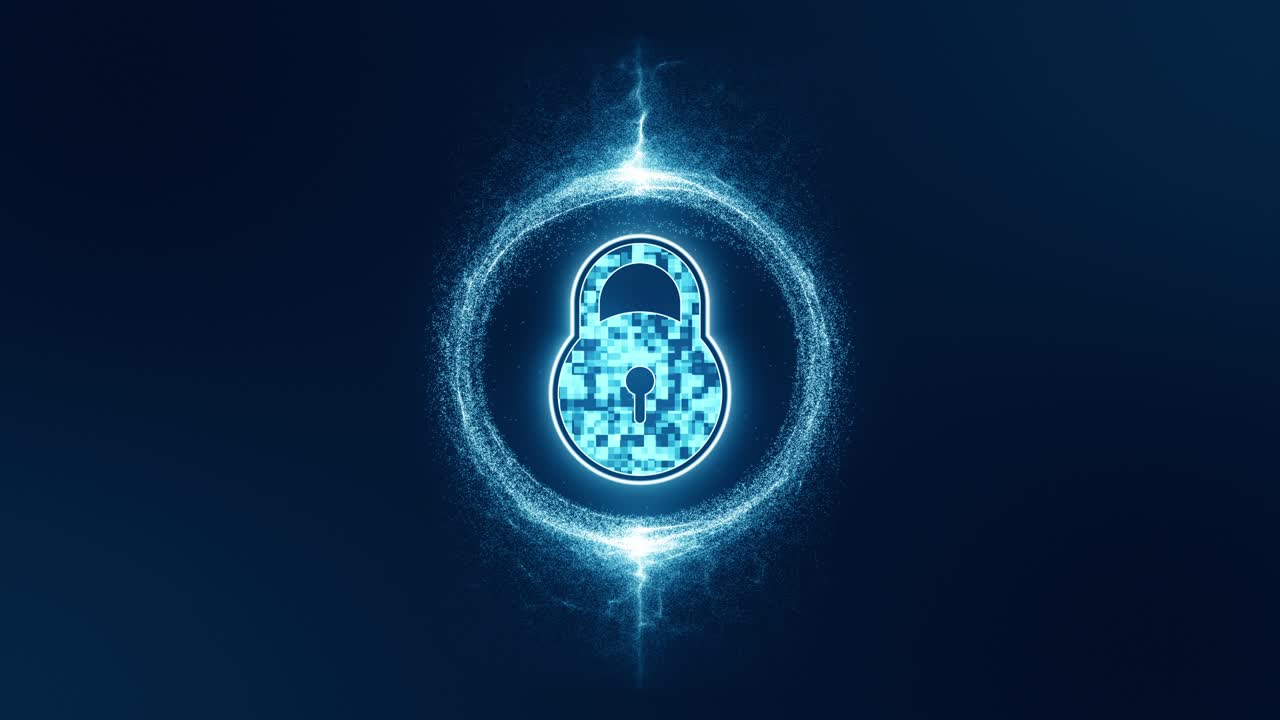 gráfico de movimiento de la llave de seguridad con partícula de bola de energía azul fondos abstractos video de bucle sin costuras