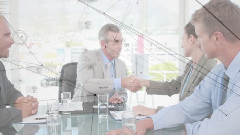 business people shaking hands over network connections animation in office