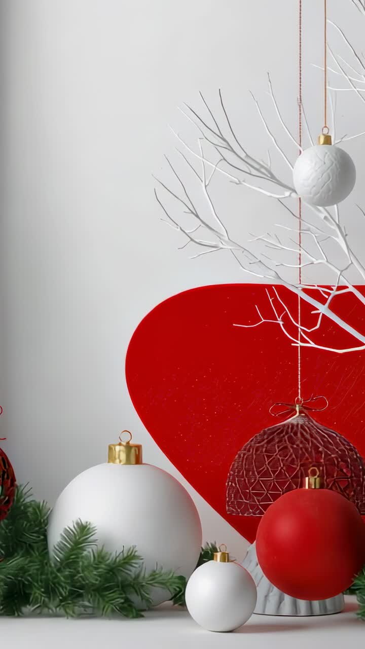 Vertical video: After pause panning camera revealing garland on table with ornaments and red bauble