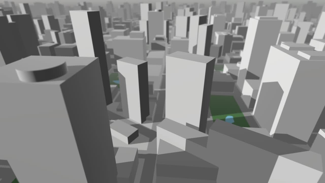 3d 도시 지도가 날아다니며 앞으로 바라보고 있습니다.