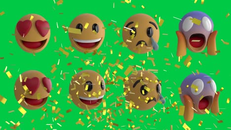 Animación-De-Confeti-Cayendo-Sobre-Filas-De-Iconos-De-Emoticonos-Emoji-Sobre-Pantalla-Verde