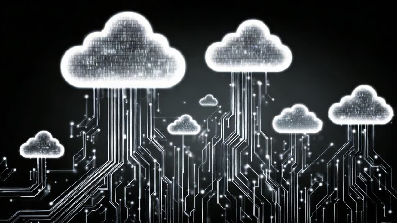 Visual Representation of Cloud Computing with Digital Clouds and Circuitry, Featuring Data Flow and Connectivity in a Modern Technology Environment