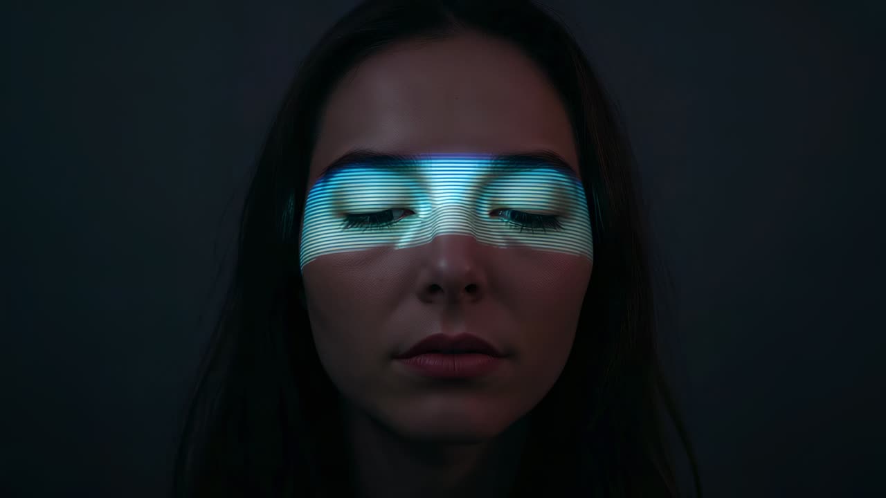 Responding to projector brightening, woman opening eyes and smiling in studio with cyan light band