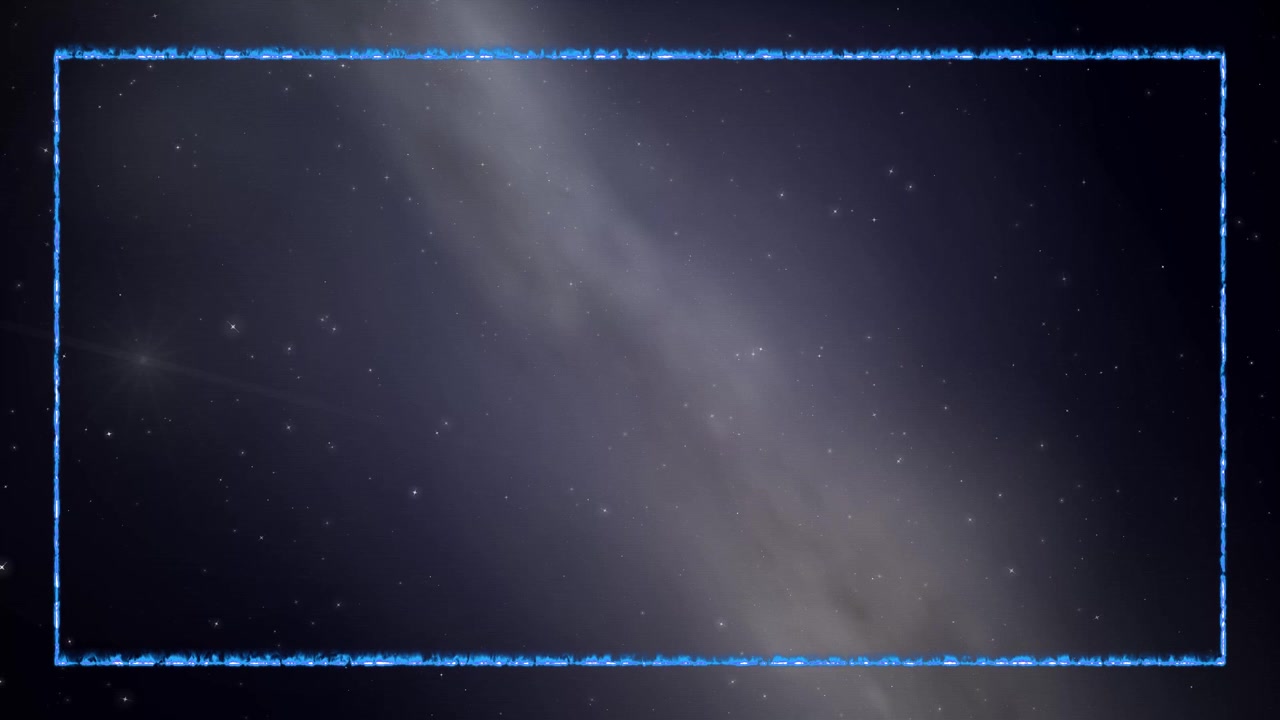 Cinematic animation of Earth rotating against the Milky Way galaxy with a glowing blue border.