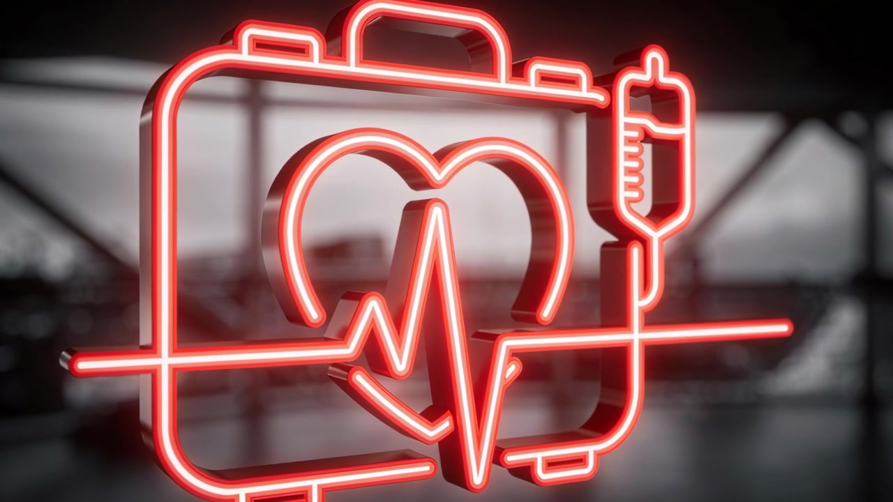 Icona pulsante di kit medico al neon rosso che risponde a un picco ECG e si illumina nella hall, segnalando un battito cardiaco.