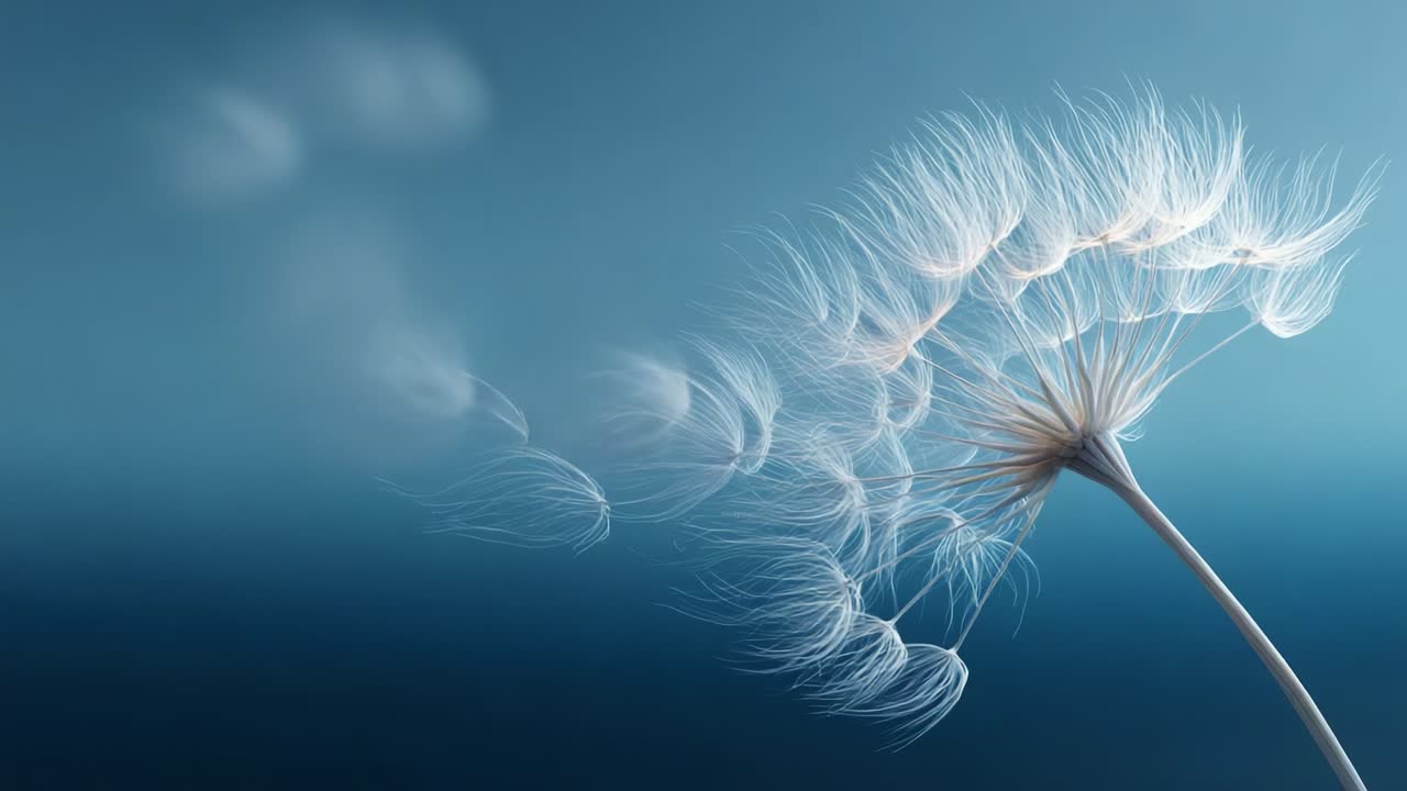 Graceful Flow of Dandelion Seeds in a Calm Blue Atmosphere, Capturing the Delicate Beauty of Nature’s Flight and the Subtle Changes in Breeze and Light
