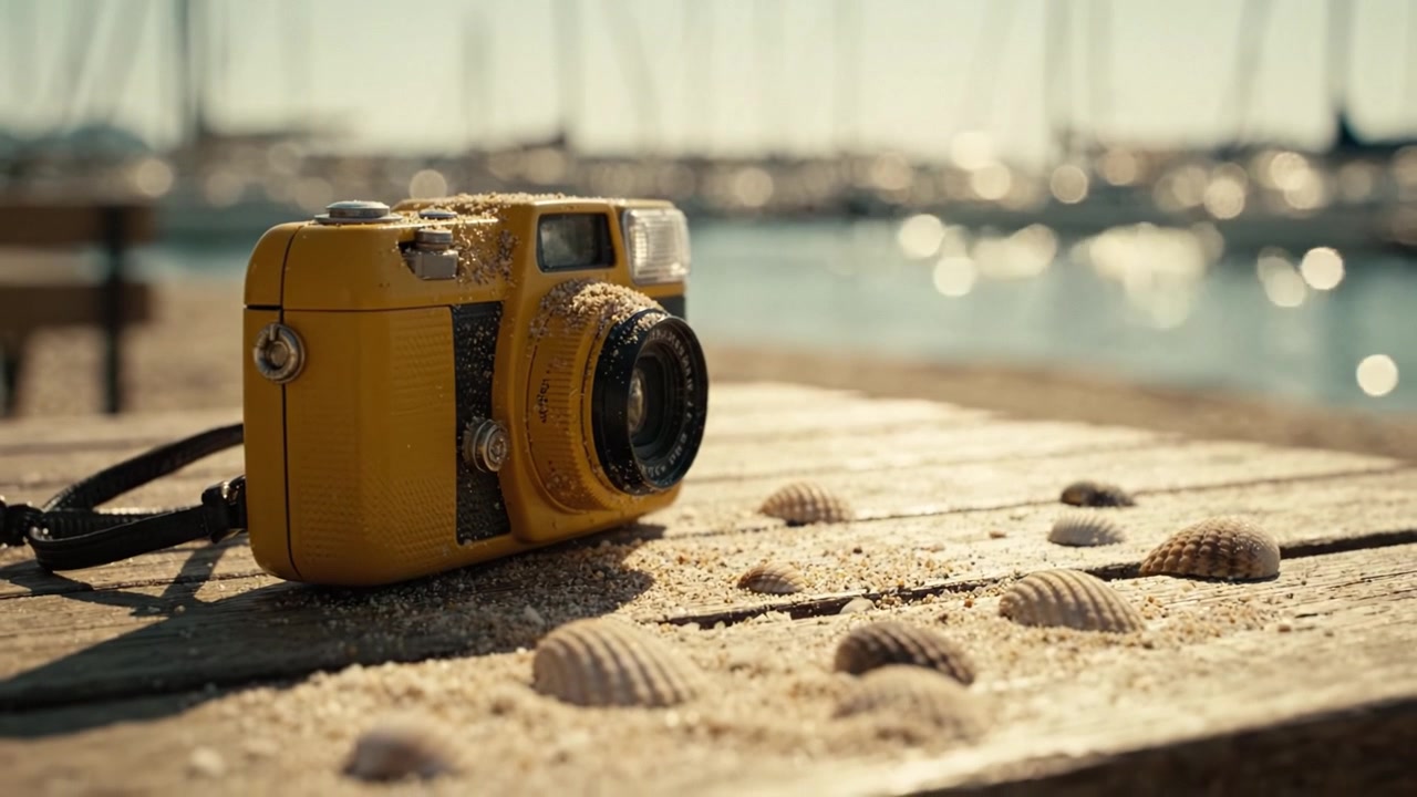 Una macchina fotografica gialla retrò appoggiata su un tavolo da spiaggia sabbioso, circondata da conchiglie e che cattura l'essenza dell'estate al mare.