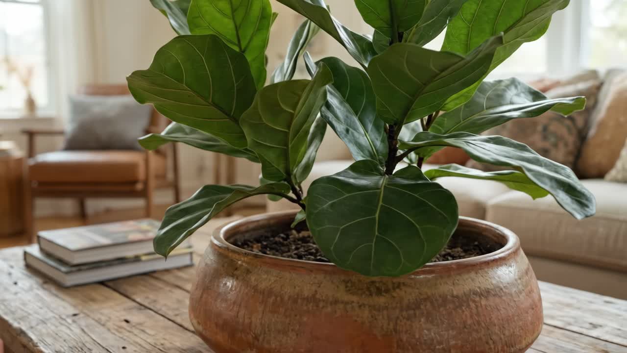 Primo piano di Ficus lyrata in un salotto accogliente