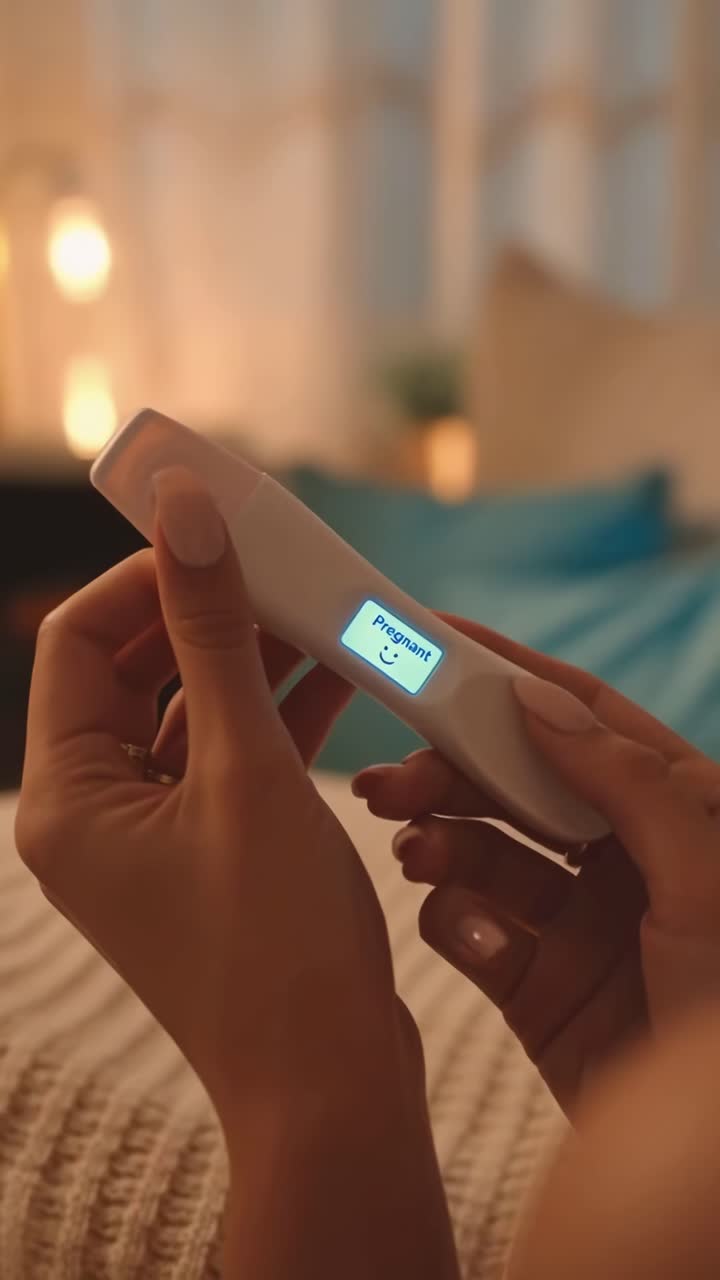 Video ravvicinato di mani che tengono un test di gravidanza positivo, con un'atmosfera calda e accogliente