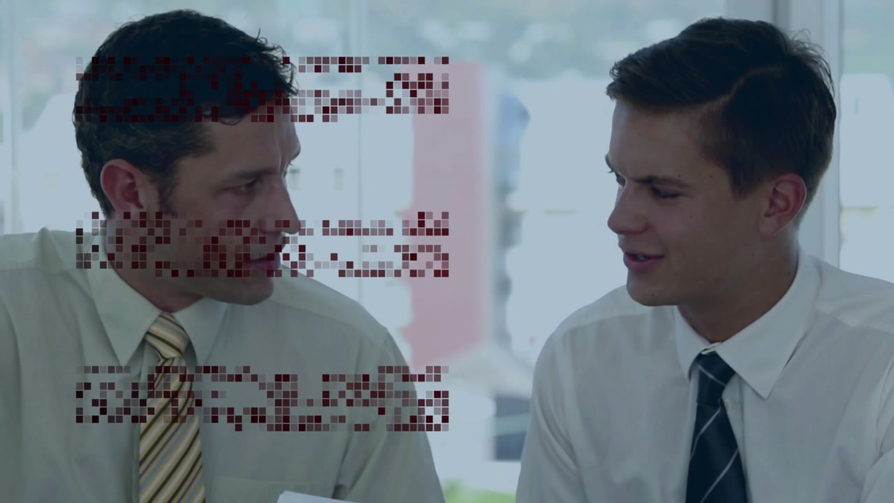 Manager holding pages woman leaning pixel overlay covering left junior arriving, reviewing business