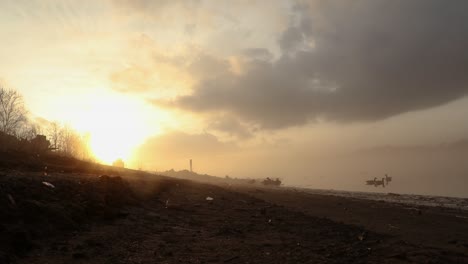 beautiful sunset over foggy river. water fowl swim along riverbank