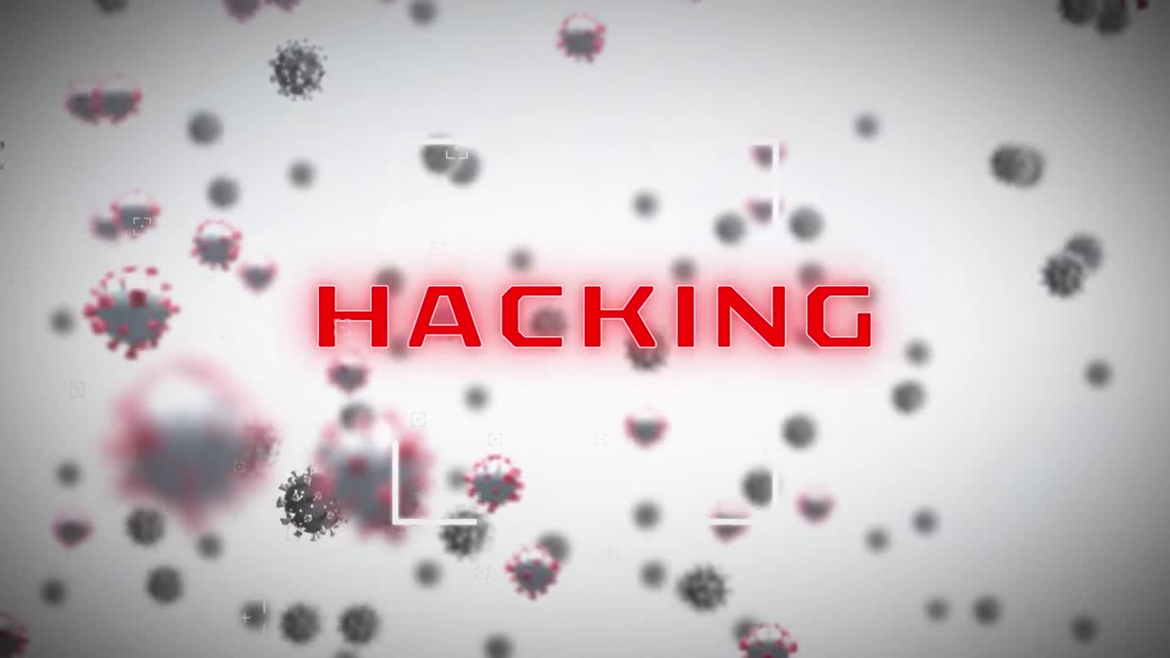 animación de virus que caen y texto de hacking sobre fondo blanco