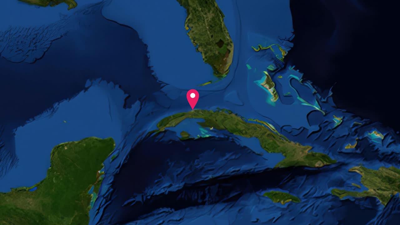 Rendering digitale della terra con zoom dalla prospettiva globale a L'Avana Cuba, con segnaposto e coordinate