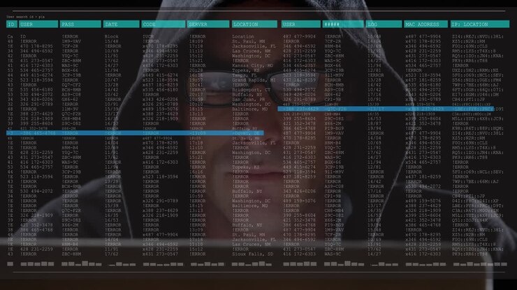 Animation af databehandling på computerskærm over mandlig hacker, der bruger computer